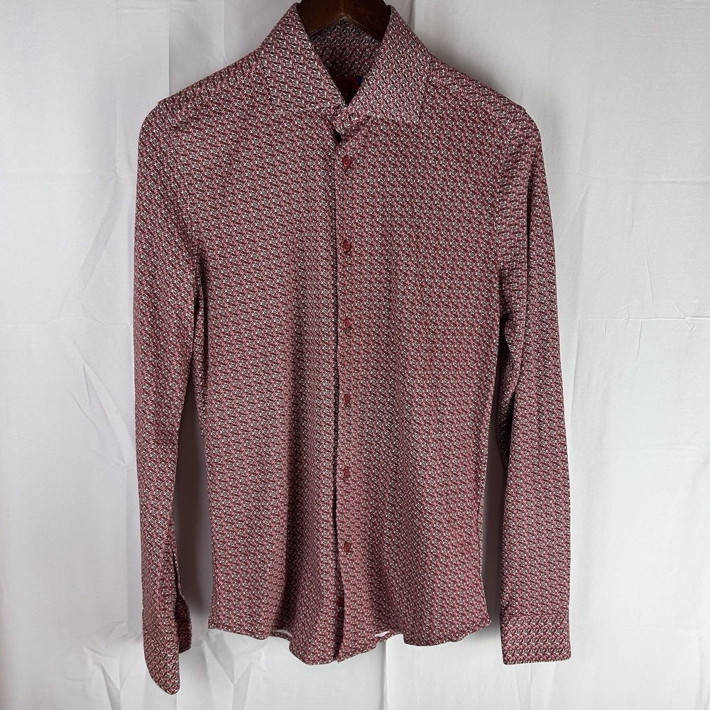 ZNT18 Men's Cotton Button Down Long Sleeve Dress Shirt 15 34/35 Red Geometric‎